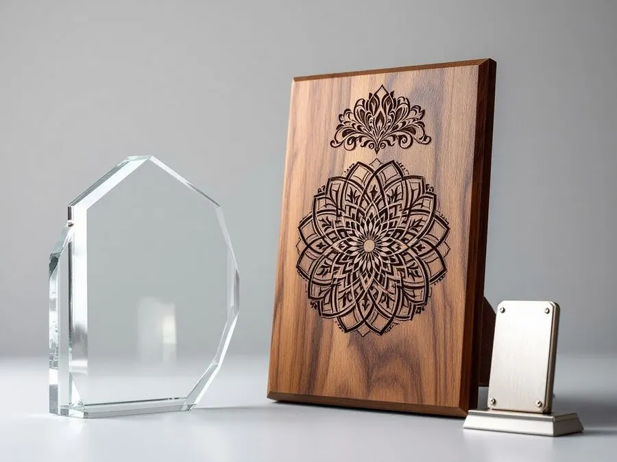 Laser engraving: plaques and trophies made of wood, metal and glass