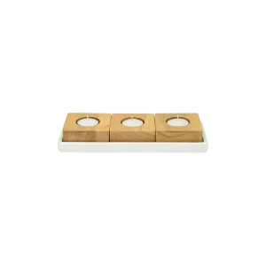 Portacandela in legno su disco in ceramica
