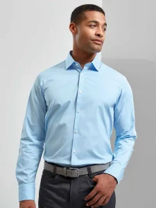 Camicia in popeline di cotone elasticizzata a maniche lunghe da uomo Premier PR244
