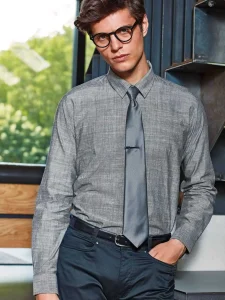 Camicia in chambray di cotone fiammato a maniche lunghe da uomo Premier PR245