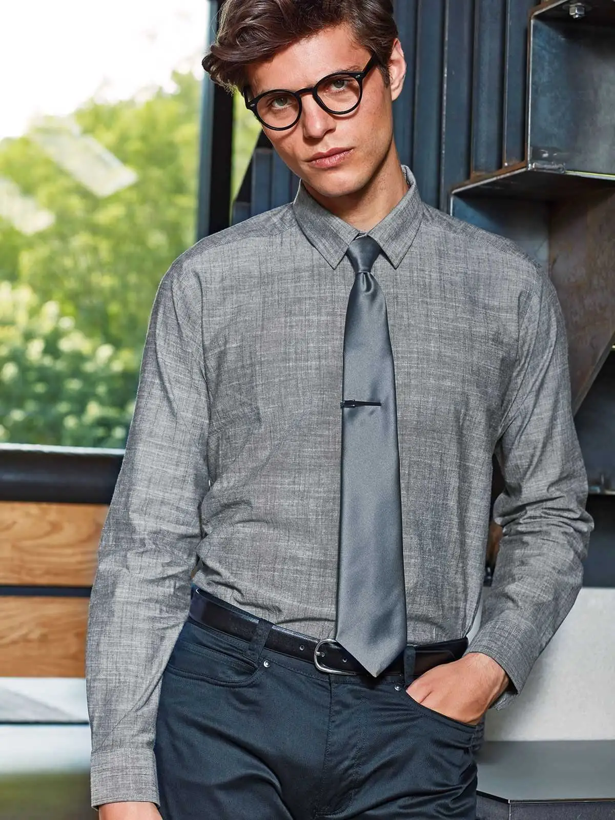Men's cotton slub chambray long sleeve shirt Premier PR245