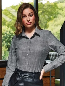 Camicia in chambray di cotone fiammato a maniche lunghe da donna Premier PR345