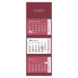 Calendario a tre parti a colori con spirale